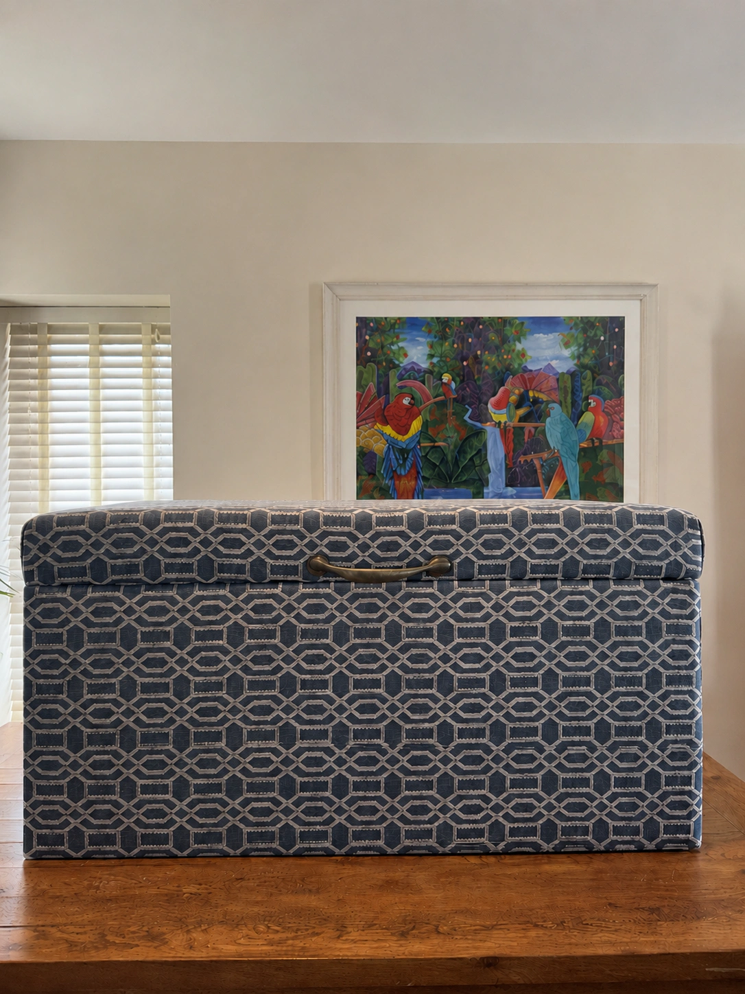 Handmade storage ottoman in blue geometric fabric